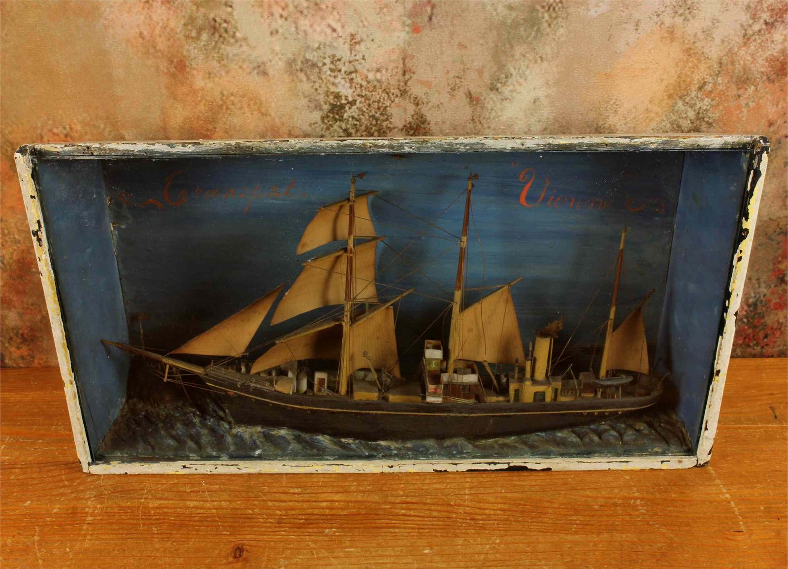 Antique Ship Diorama. French Handmade Boat Model In A Box. Vienne France. photo furniture