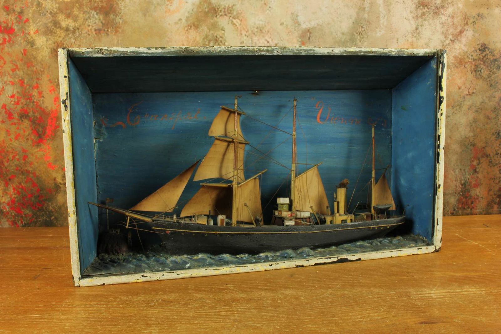 photo for sale Antique Ship Diorama. French Handmade Boat Model In A Box. Vienne France.