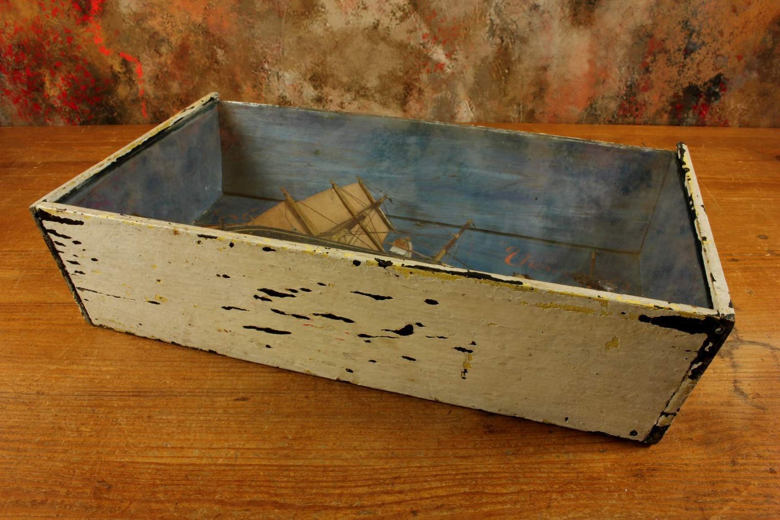 photo vinterior Antique Ship Diorama. French Handmade Boat Model In A Box. Vienne France.