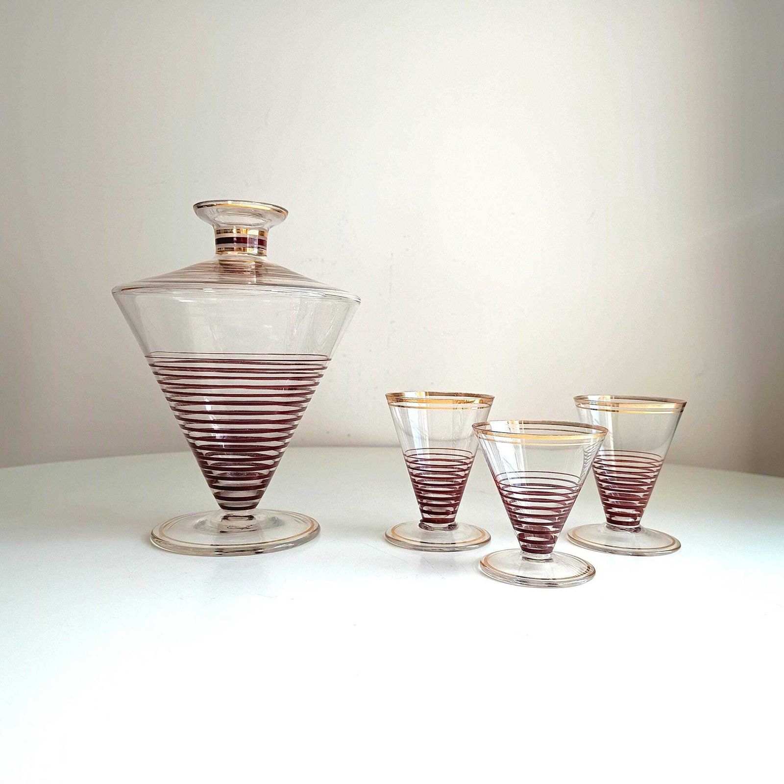 Atomic Cocktail Set Of Spiral Inverted Conus Decanter & 3 Glasses: Mcm Bohemia 1950s photo furniture