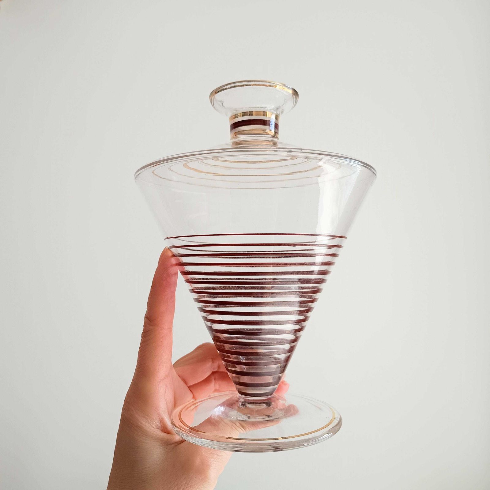 Atomic cocktailset, spiraalvormige omgekeerde conus karaf en 3 glazen, Mcm Bohemia jaren 1950 photo buy