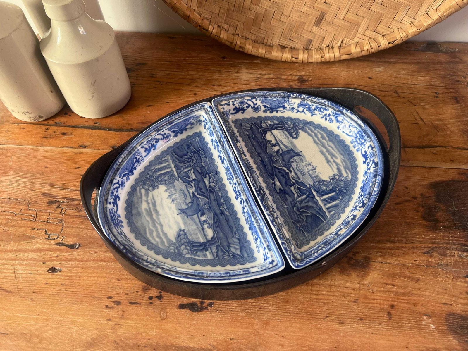 Antique Booths "Old Blue Danube" Divided Serving Set With Wood Gallery Tray, Victorian Blue And White Transferware, Thomas Goode & Co Mark photo furniture