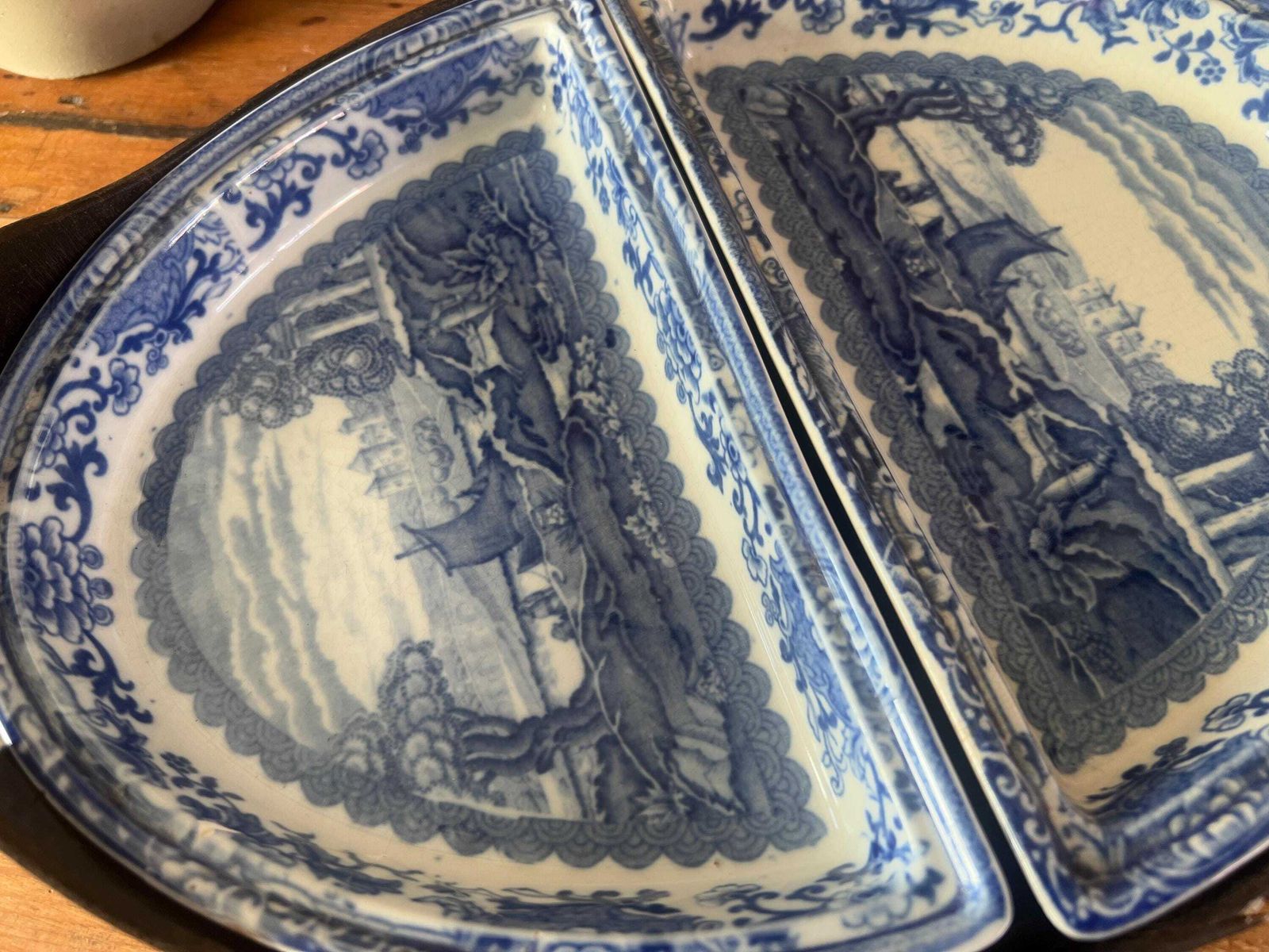 Antique Booths "Old Blue Danube" Divided Serving Set With Wood Gallery Tray, Victorian Blue And White Transferware, Thomas Goode & Co Mark photo for sale