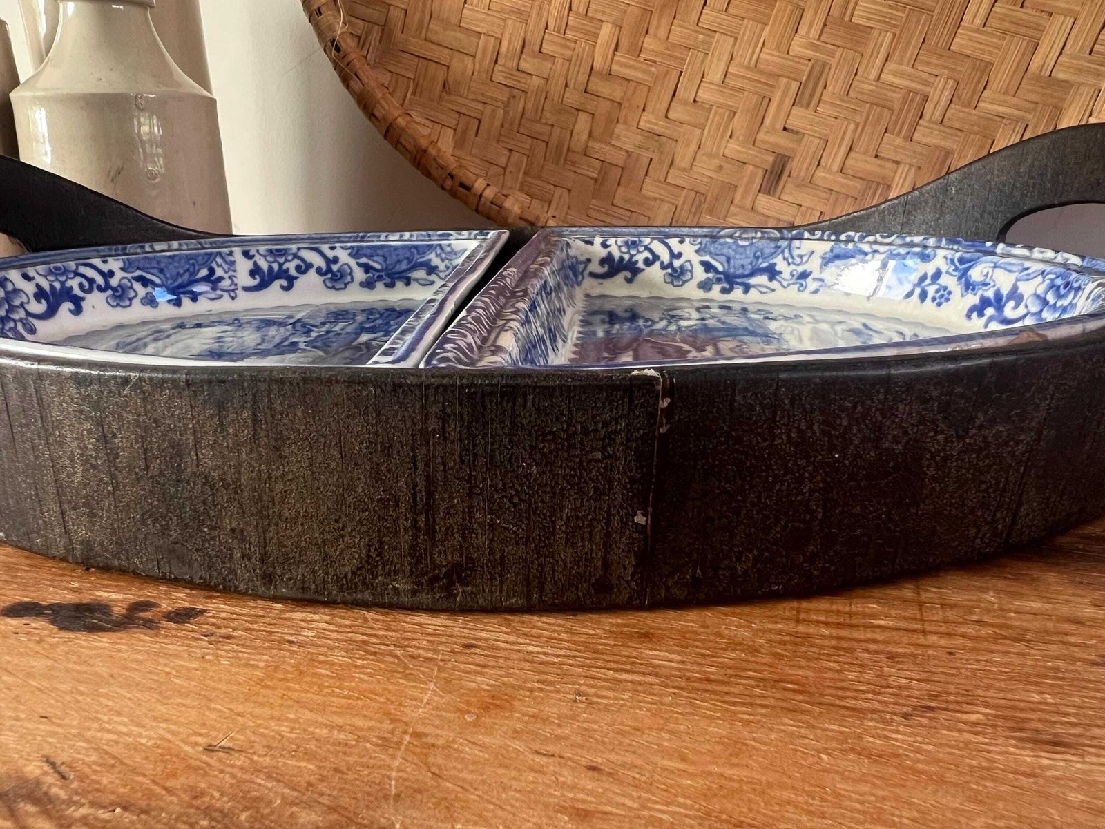 Antique Booths "Old Blue Danube" Divided Serving Set With Wood Gallery Tray, Victorian Blue And White Transferware, Thomas Goode & Co Mark photo 75.0