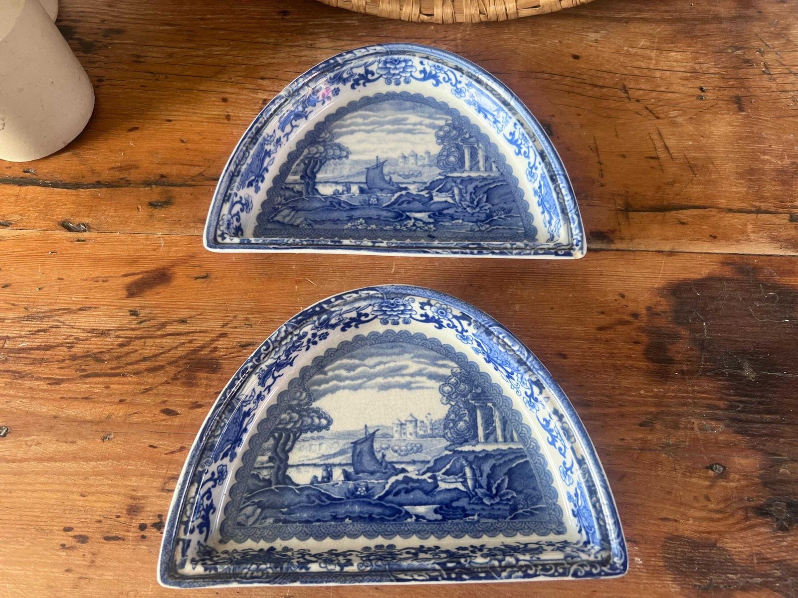 Antique Booths "Old Blue Danube" Divided Serving Set With Wood Gallery Tray, Victorian Blue And White Transferware, Thomas Goode & Co Mark photo vintage
