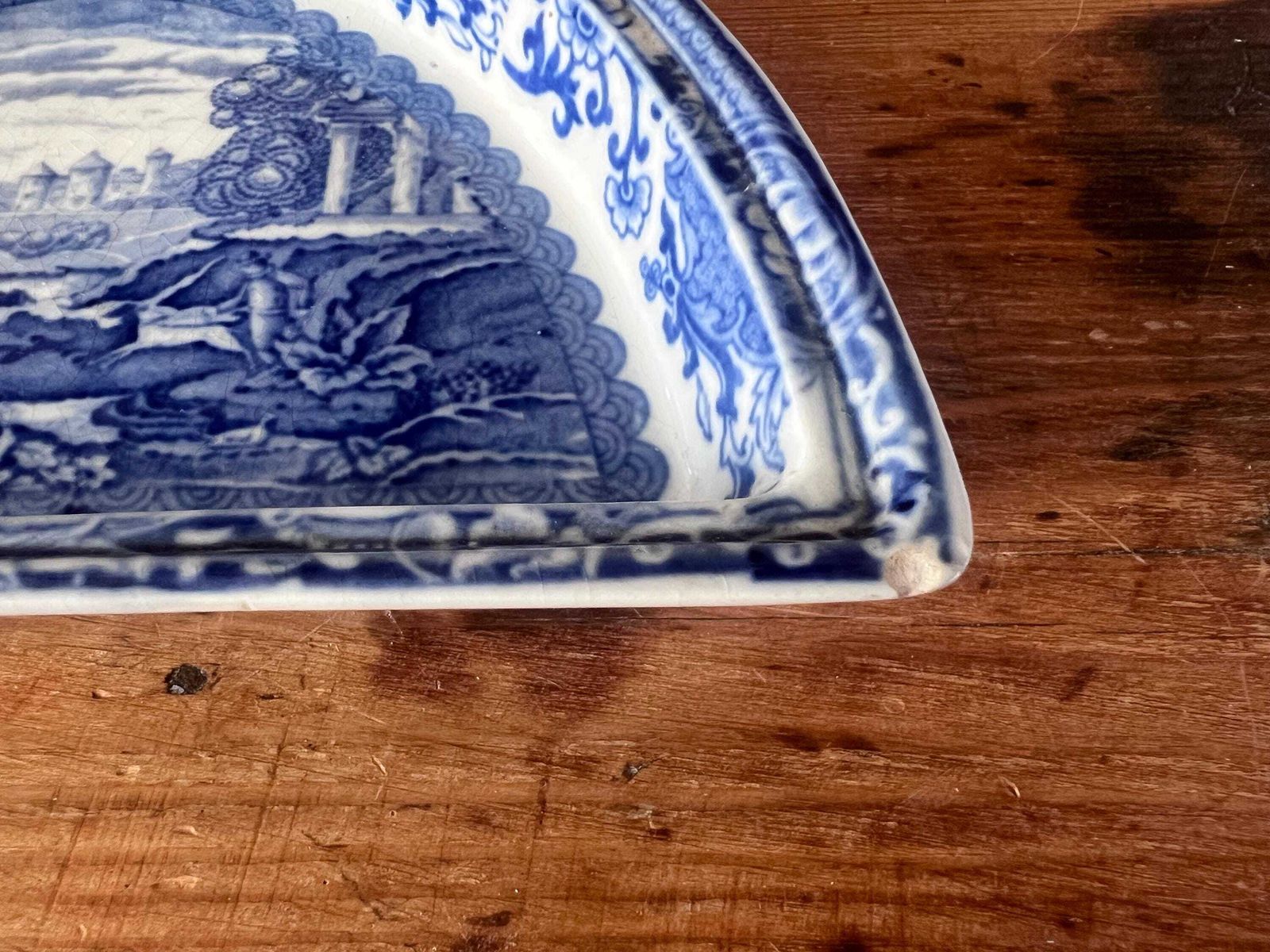 Home Decor Antique Booths "Old Blue Danube" Divided Serving Set With Wood Gallery Tray, Victorian Blue And White Transferware, Thomas Goode & Co Mark photo