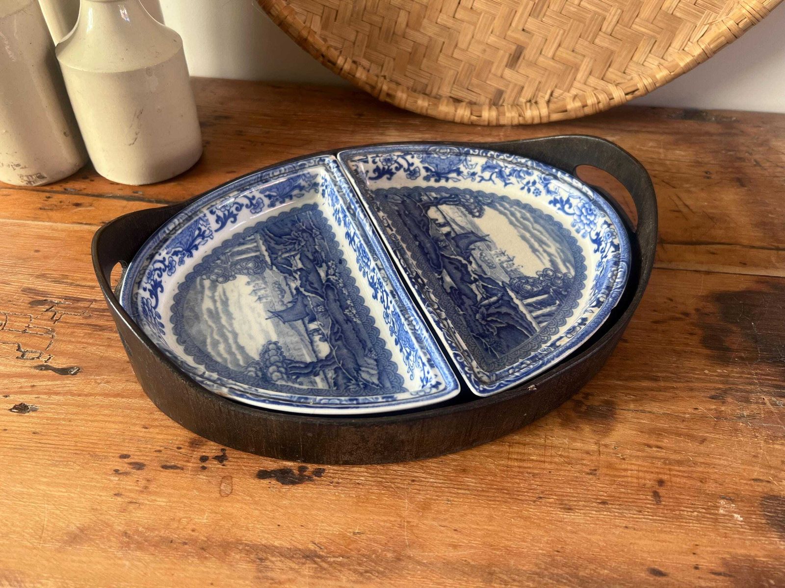 75.0 Antique Booths "Old Blue Danube" Divided Serving Set With Wood Gallery Tray, Victorian Blue And White Transferware, Thomas Goode & Co Mark photo