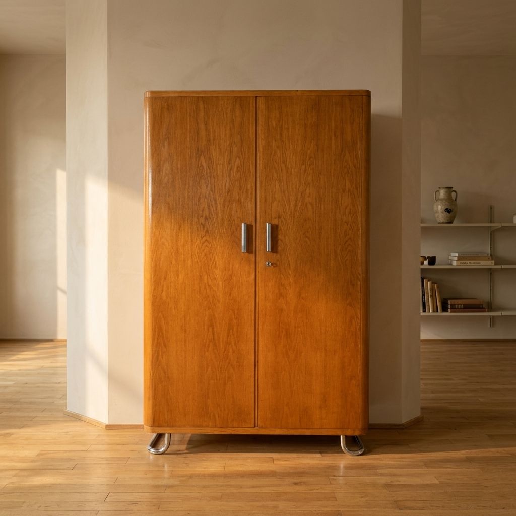 Functionalist Clothes Cabinet By Vichr & Spol., Bauhaus Style Wardrobe Storage Cabinet, 1930s Czechoslovakia