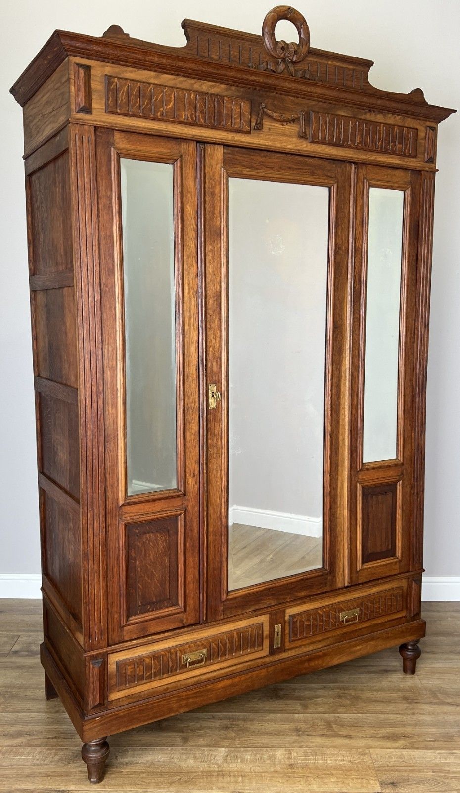 Wardrobe Antique French Two Door Oak Mirrored Carved Armoire Cabinet Lot 6082 photo furniture