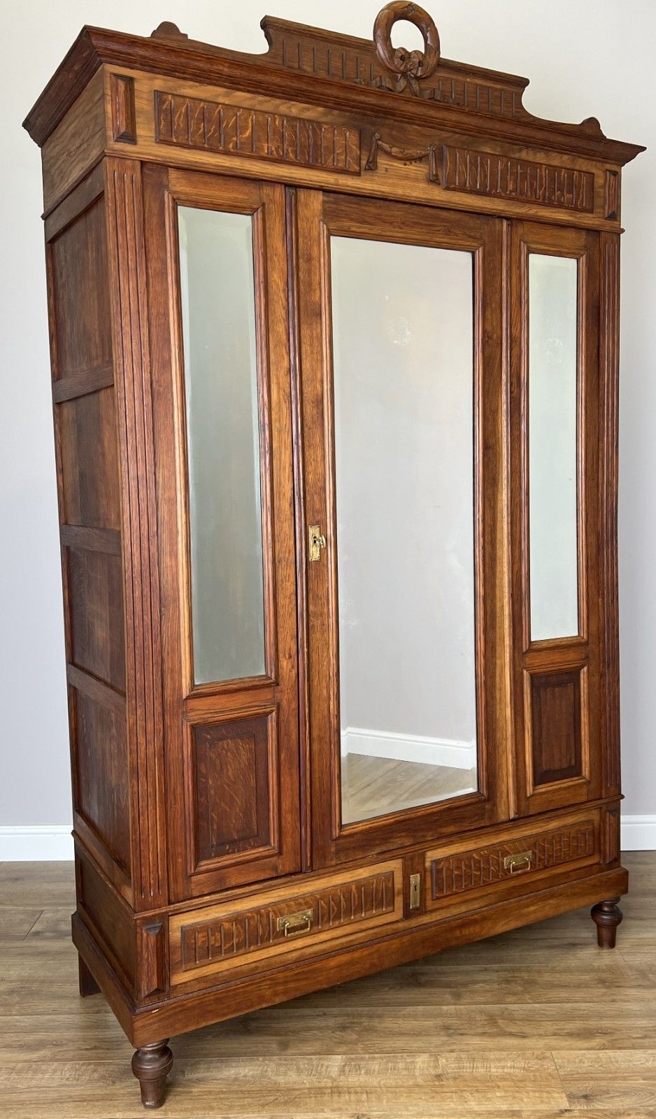 Wardrobe Antique French Two Door Oak Mirrored Carved Armoire Cabinet Lot 6082 photo for sale