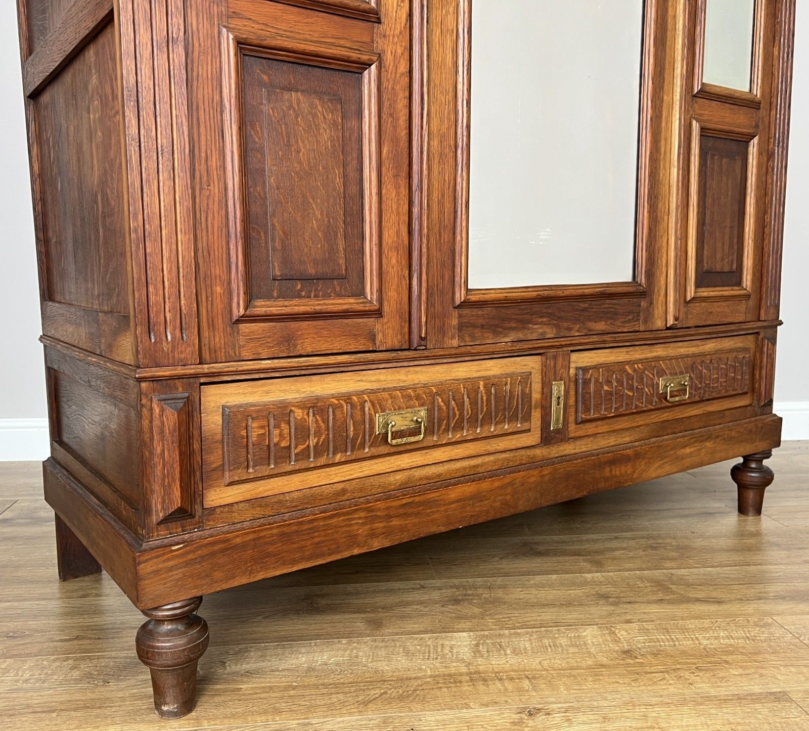 photo vinterior Wardrobe Antique French Two Door Oak Mirrored Carved Armoire Cabinet Lot 6082