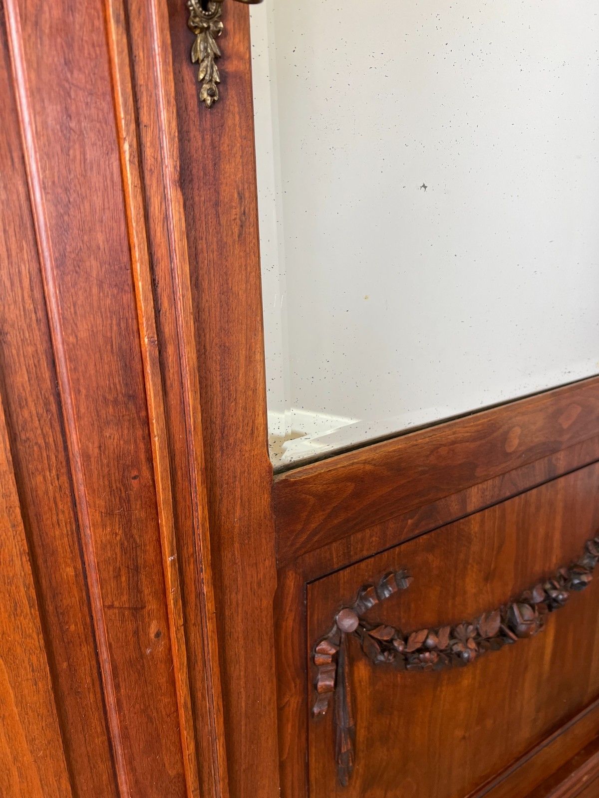 photo vinterior Wardrobe Antique French Walnut Two Door Mirrored Carved Armoire Cabinet Lot 6083