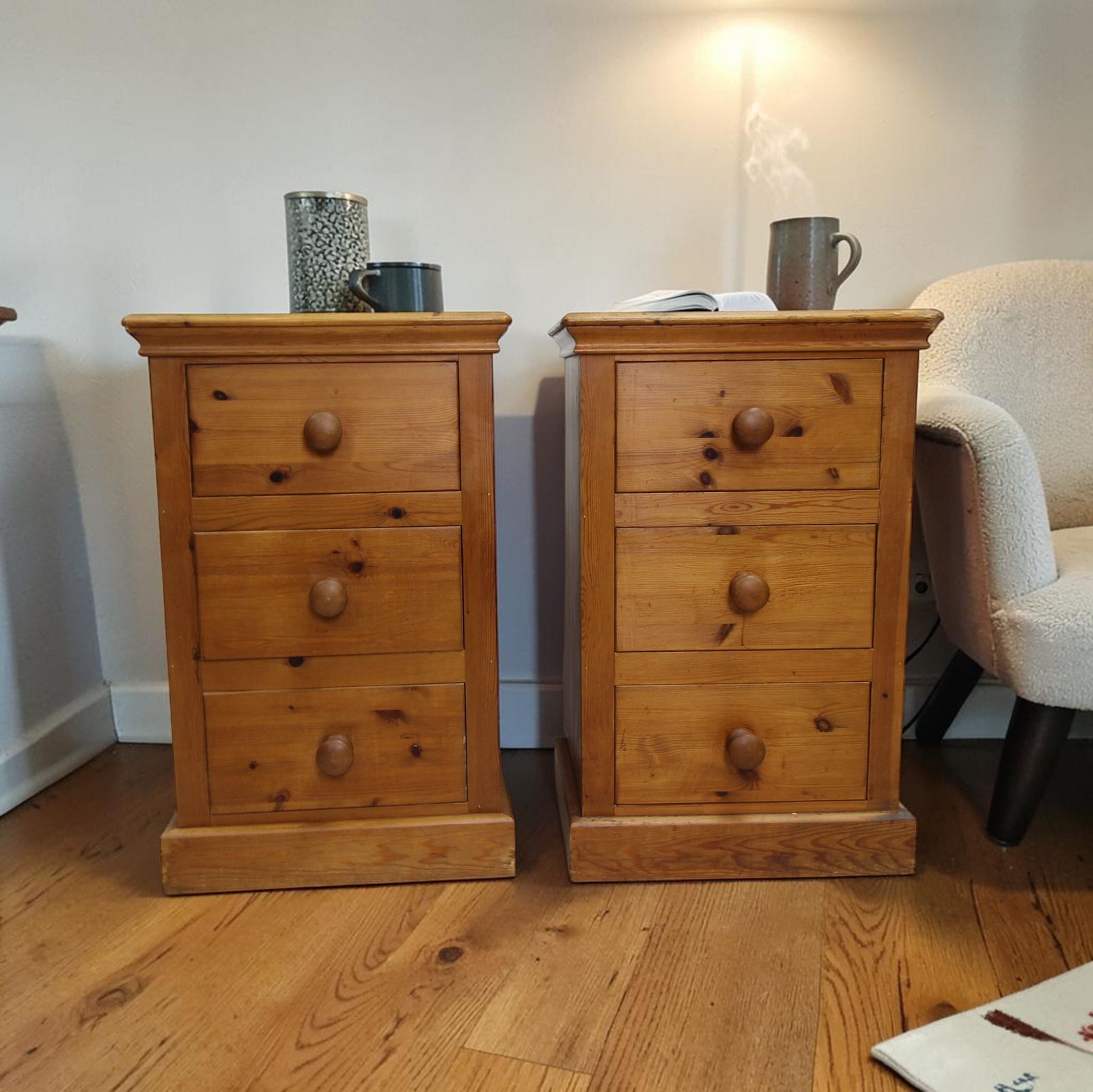 Matching Pair Of Vintage Solid Pine Narrow 3 Drawer Chest Of Drawers By Pinetum