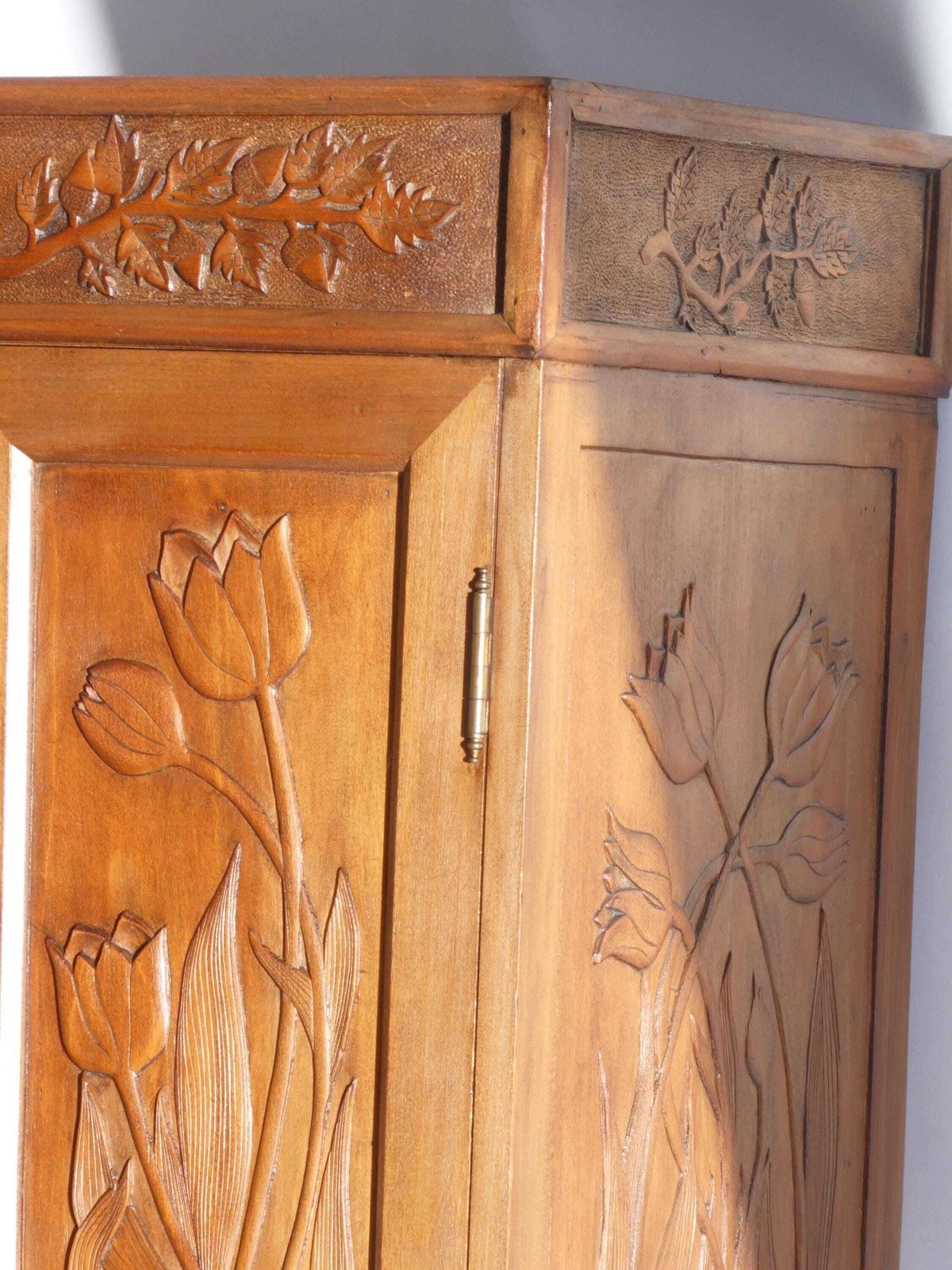 Antique Art Nouveau Carved Cabinet With Floral Details, Wooden Wall Chest, Medicine Cabinet, Apothecary With Tulips photo vintage
