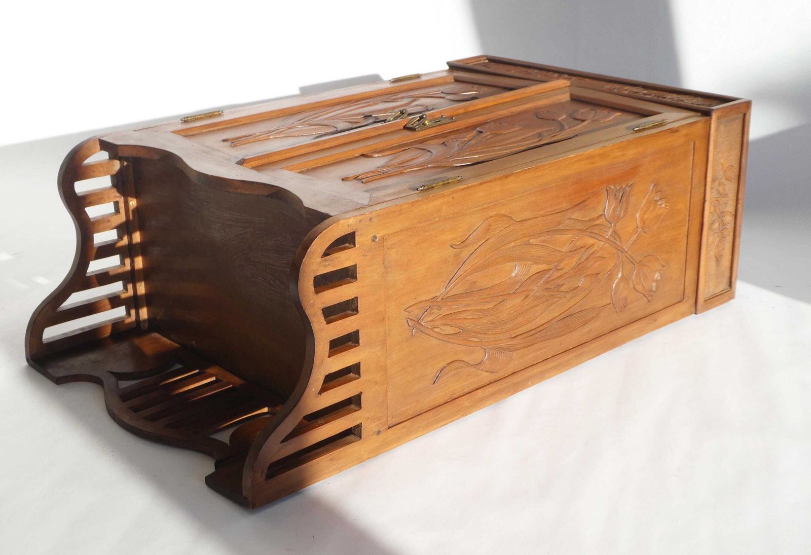 Furniture Antique Art Nouveau Carved Cabinet With Floral Details, Wooden Wall Chest, Medicine Cabinet, Apothecary With Tulips photo