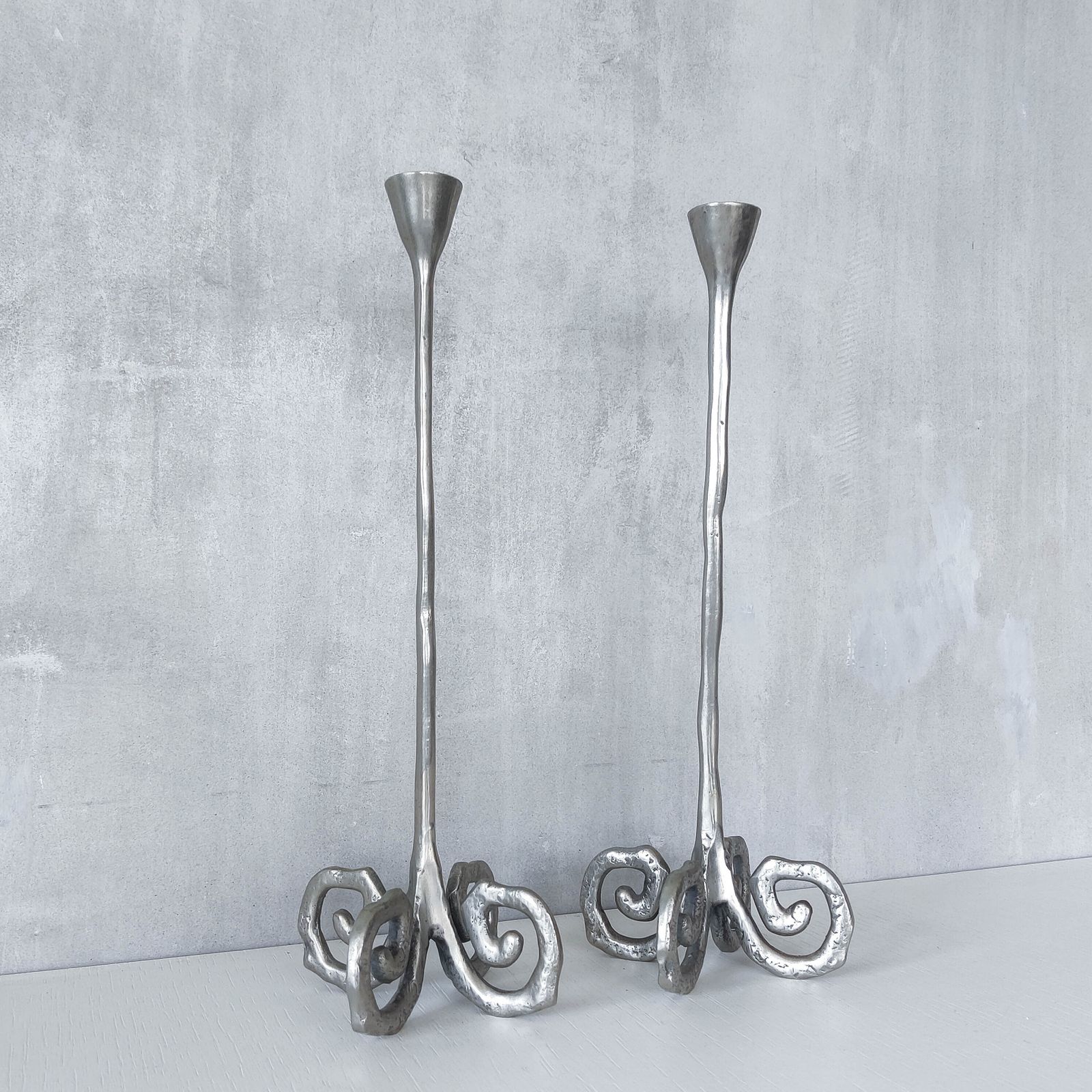 Pair Of Vintage Cast Aluminium Candle Holders With Spiral Feet photo vintage
