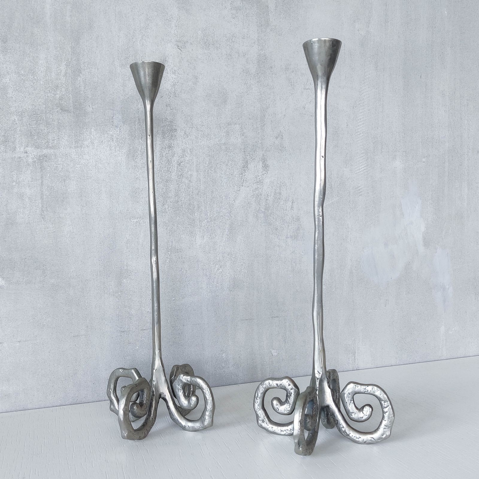 120.0 Pair Of Vintage Cast Aluminium Candle Holders With Spiral Feet photo