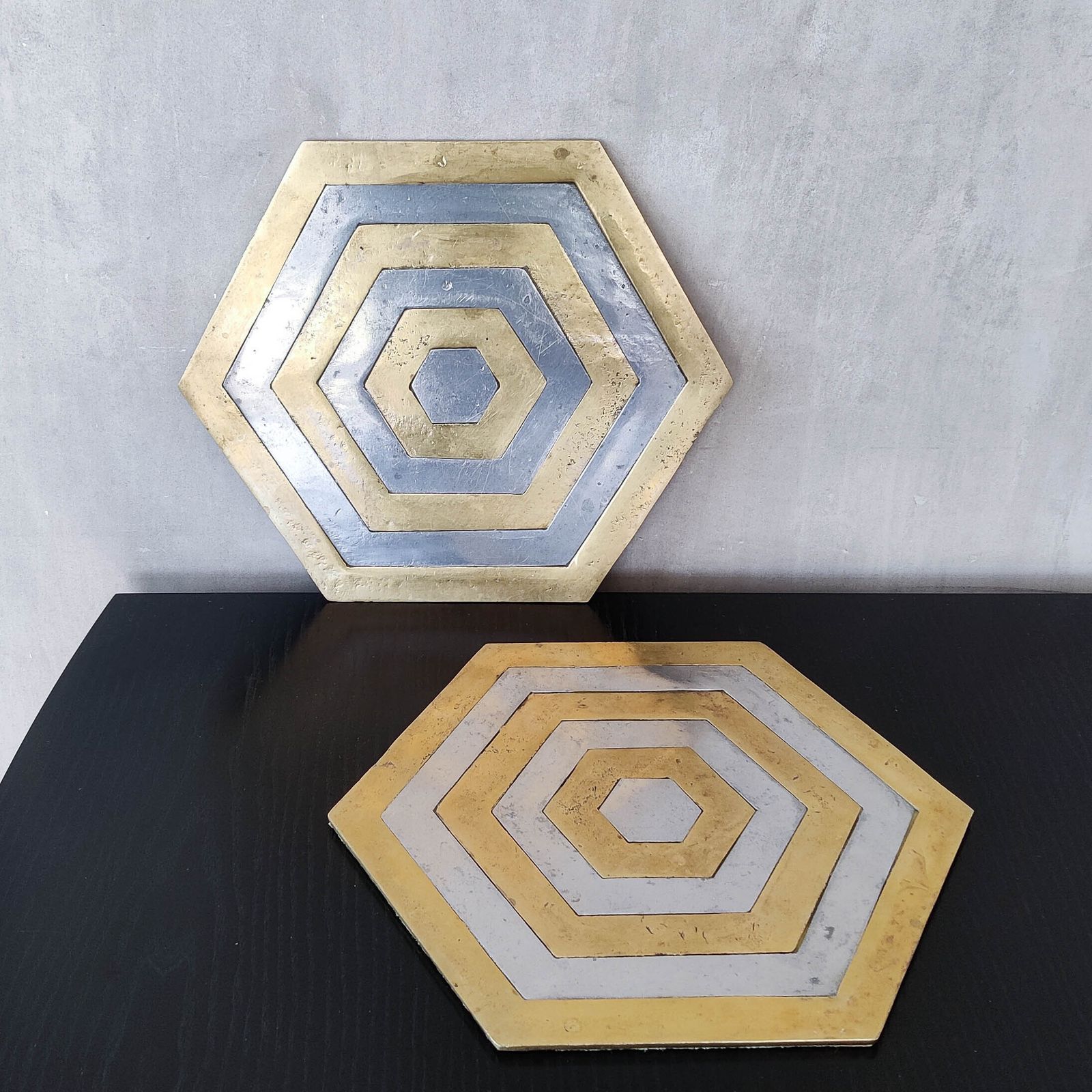 Pair Of David Marshall Brutalist 1980s Large Hand Cast Brass And Aluminium Large Trivets/Trays photo for sale