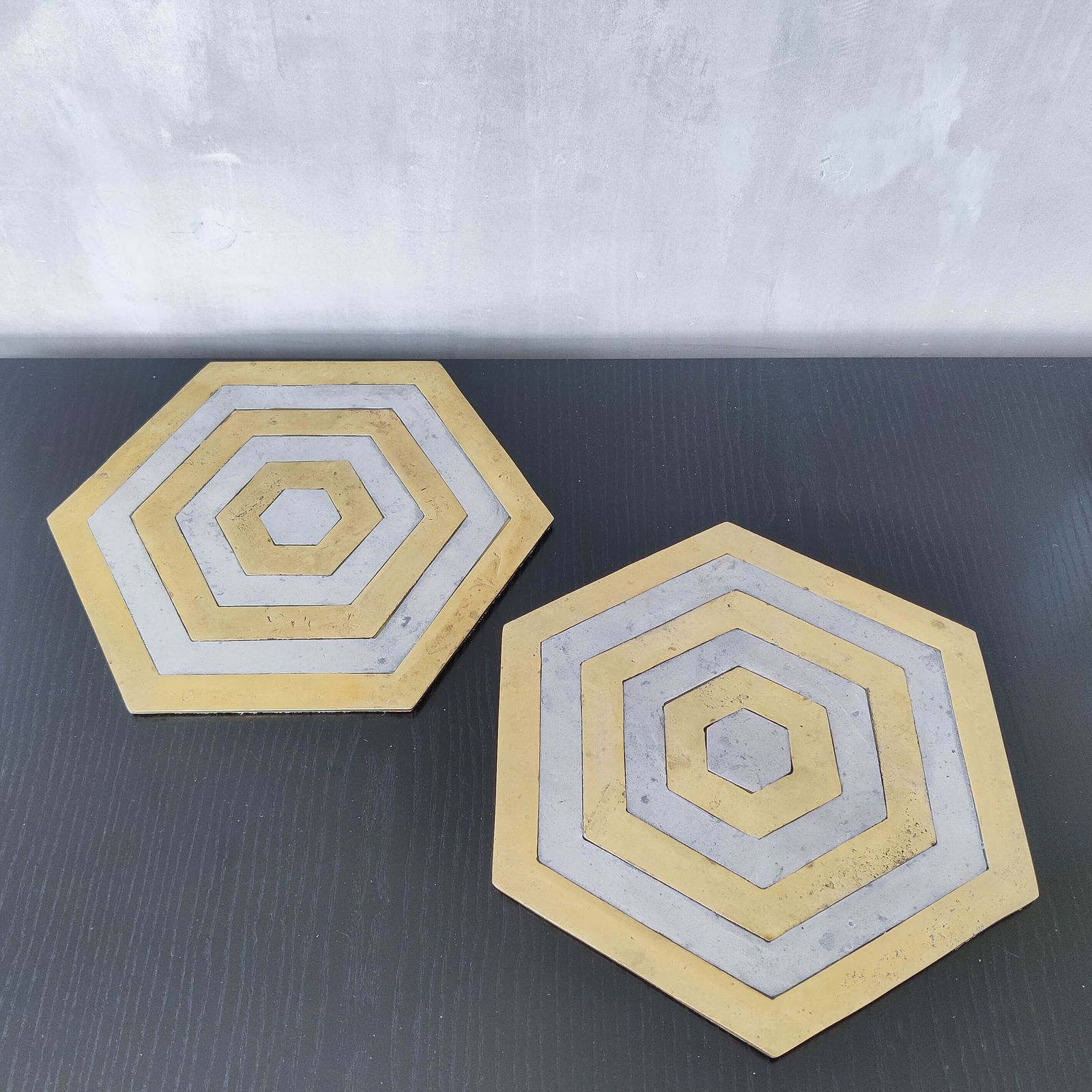 photo for sale Pair Of David Marshall Brutalist 1980s Large Hand Cast Brass And Aluminium Large Trivets/Trays