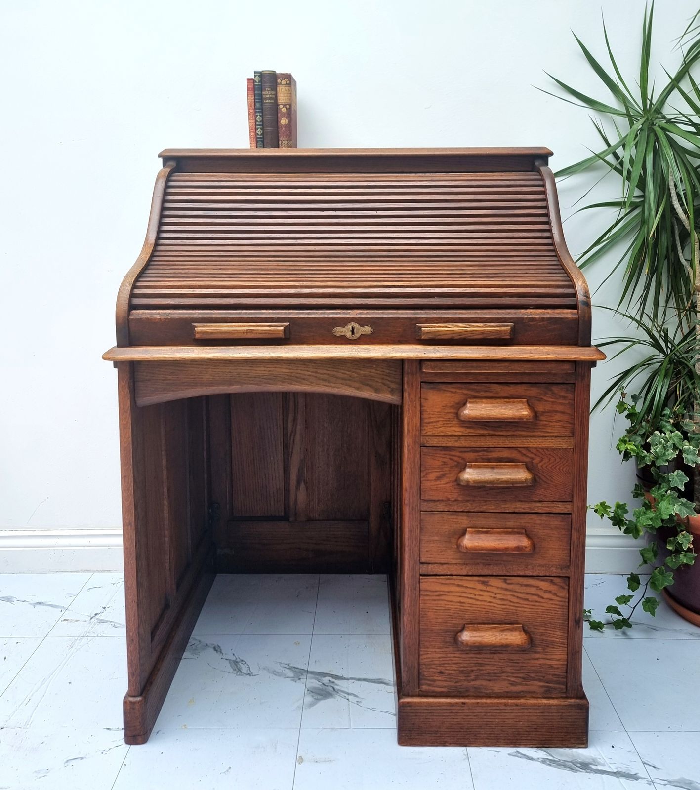 Oak Roll Top Tambour Pedestal Desk Bureau Harris Lebus Freestanding Panelled All Sides photo 695.0