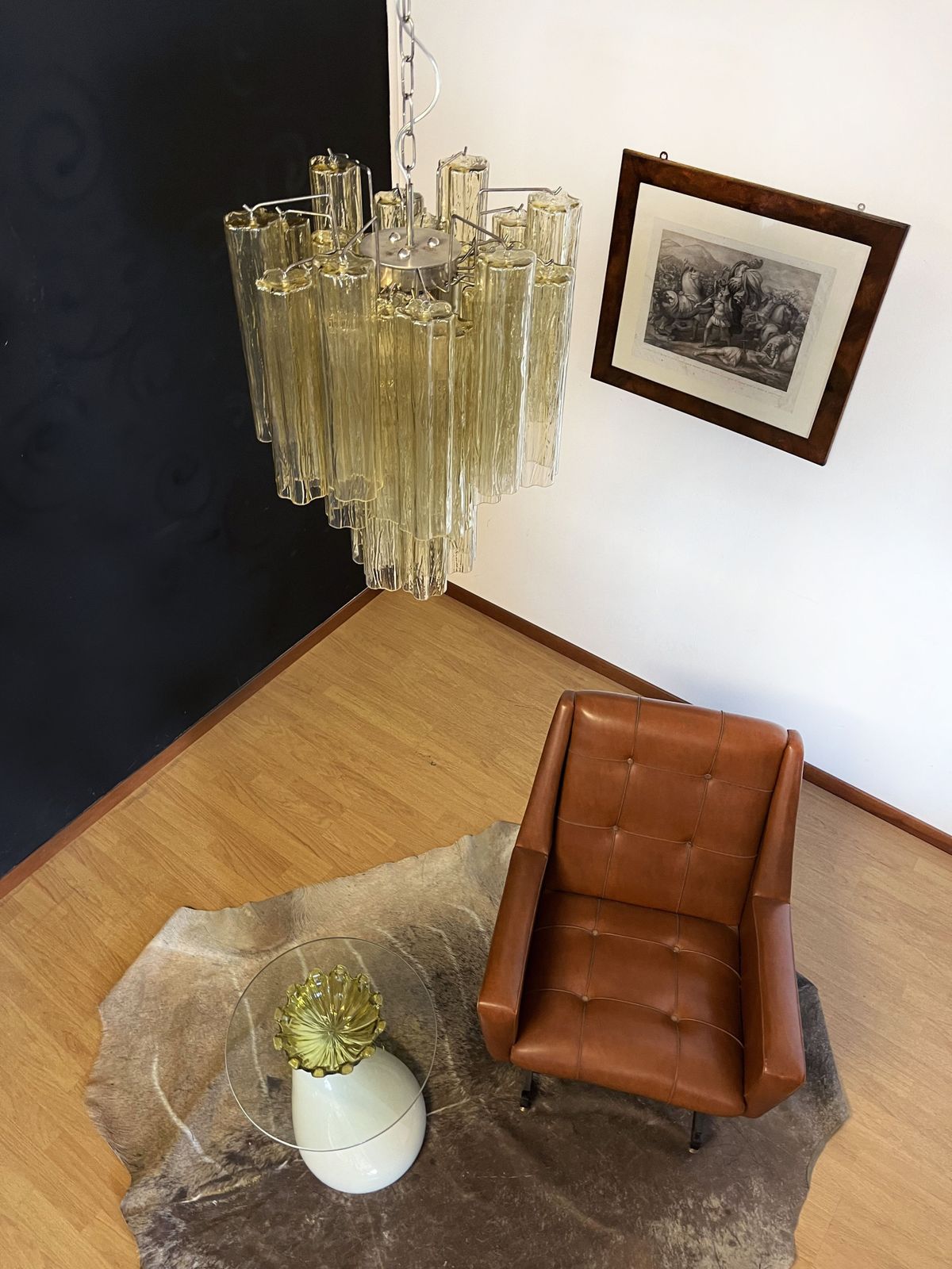 photo vintage Fantastic Murano Clear Amber / Gold Glass Tube Chandelier