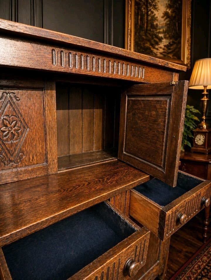 Furniture Rare Carved Oak Welsh Dresser Cabinet Vintage Large Uk Delivery photo
