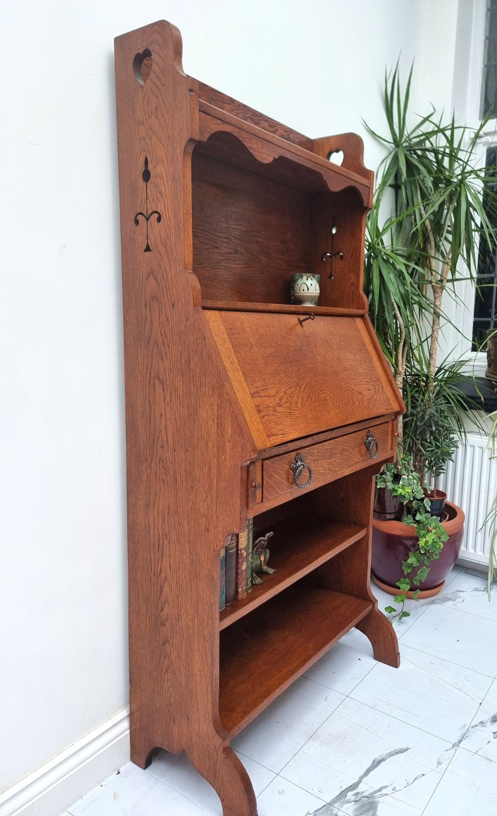 Arts & Crafts Oak Bureau Tall Bookcase Secretaire Writing Desk photo Furniture