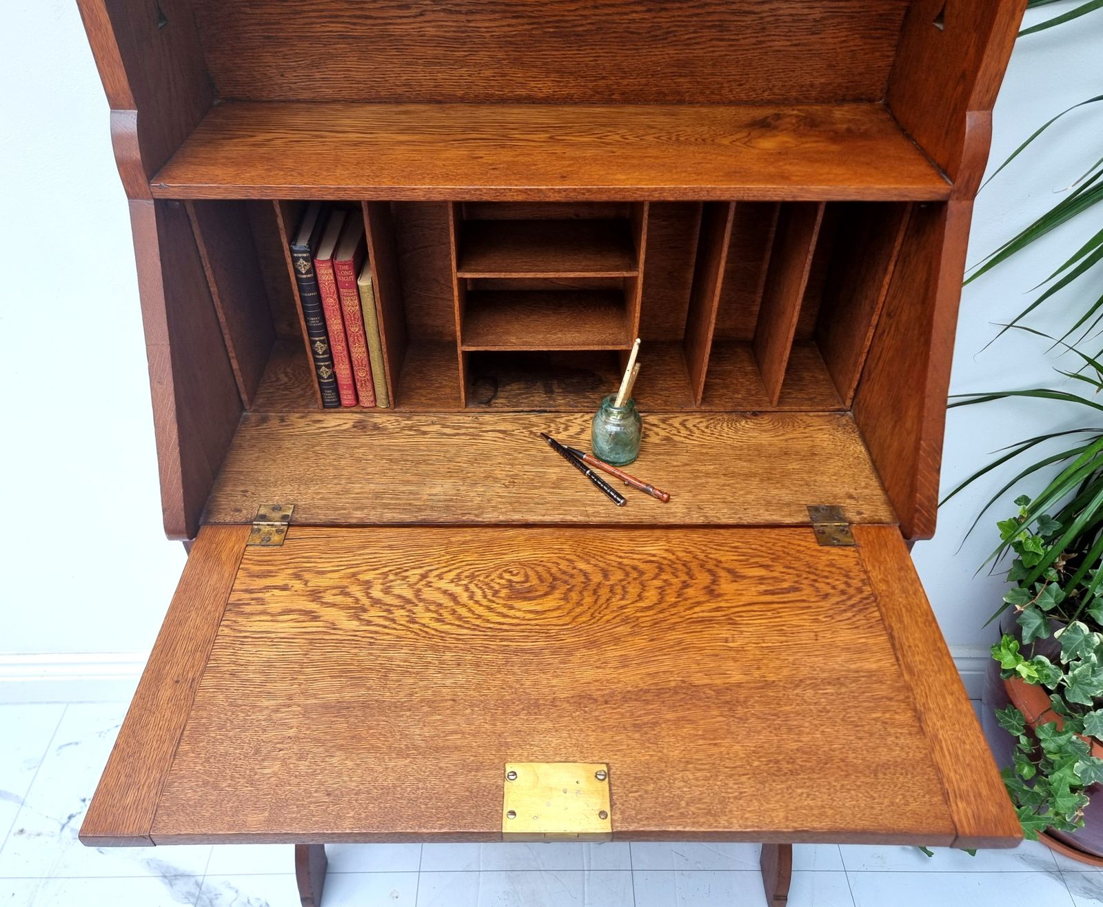 Arts & Crafts Oak Bureau Tall Bookcase Secretaire Writing Desk photo vintage