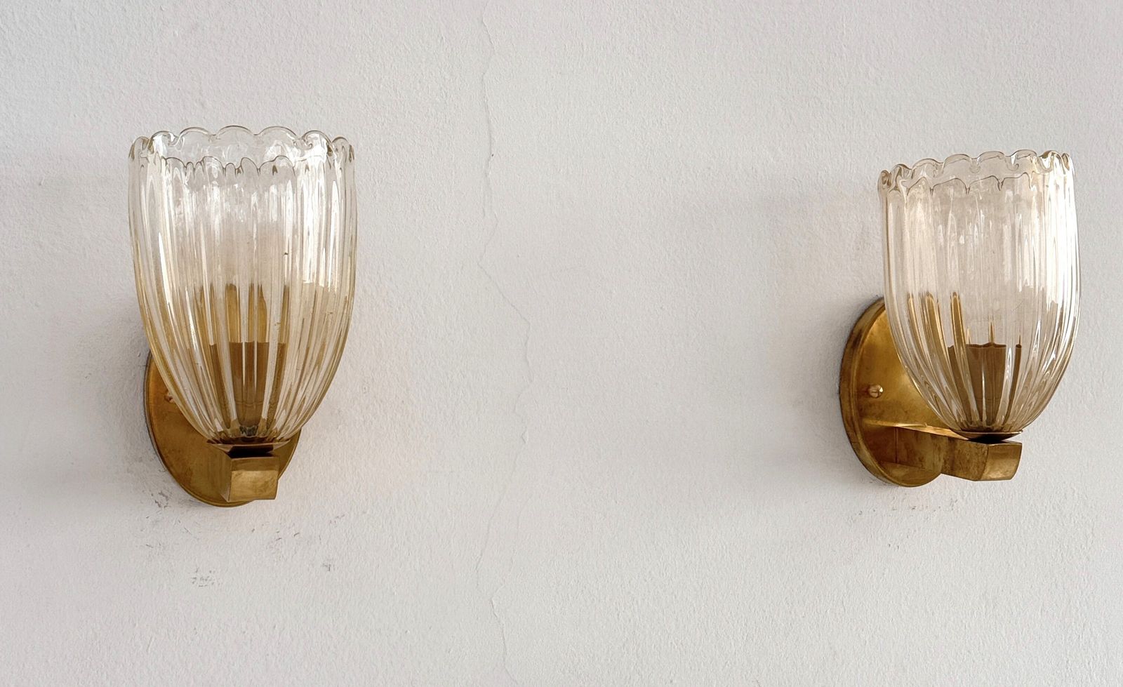 Italian Brass And Murano Glass Wall Lights Or Sconces In Art Deco Style, 1990s photo vinterior