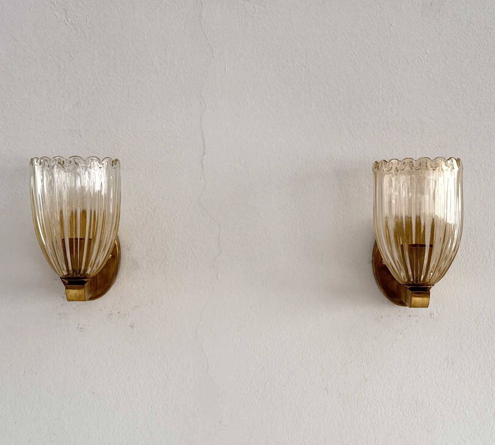 Lighting Italian Brass And Murano Glass Wall Lights Or Sconces In Art Deco Style, 1990s photo