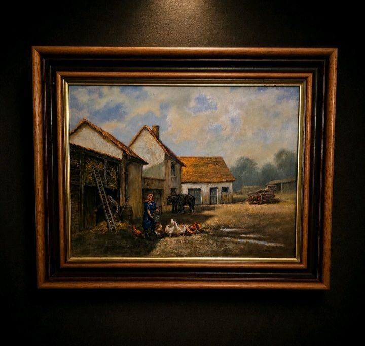 Stunning Signed Original Farmyard Oil Painting Rustic Country Scene Framed Art