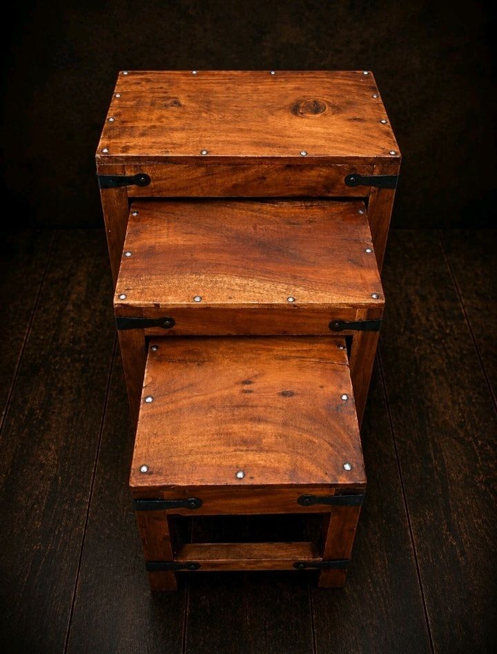 Handmade Solid Wood Nest Of 3 Tables Industrial Side End Lamp Table Set photo for sale