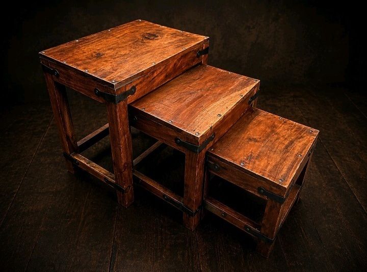 Handmade Solid Wood Nest Of 3 Tables Industrial Side End Lamp Table Set photo Furniture