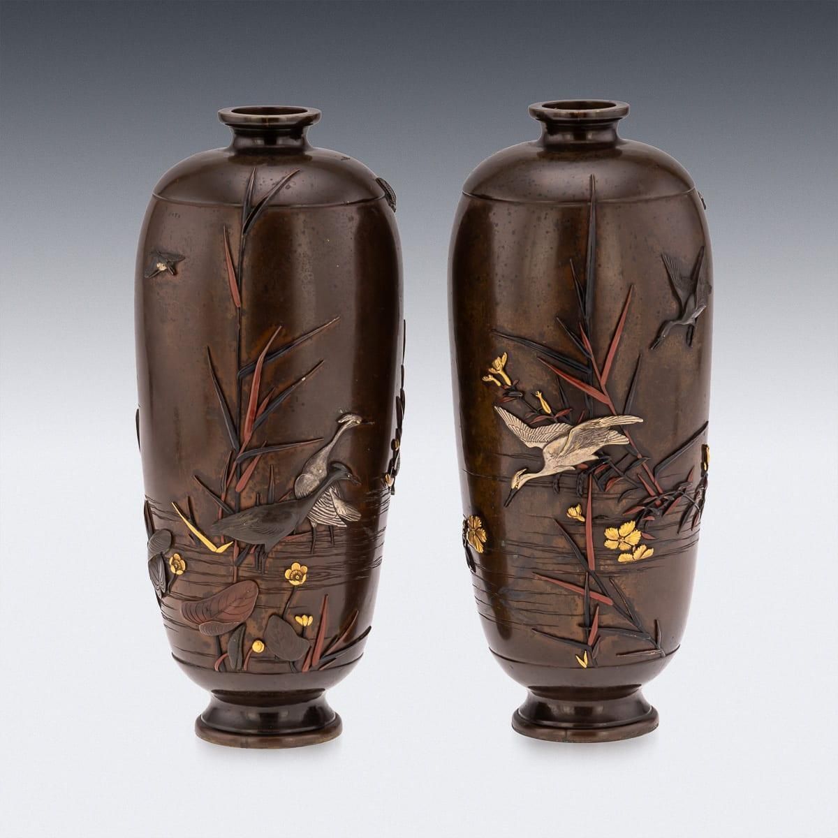 Antique 19thc Japanese Meiji Period Pair Of Inlaid Bronze Ovoid Vases By Miyabe photo for sale