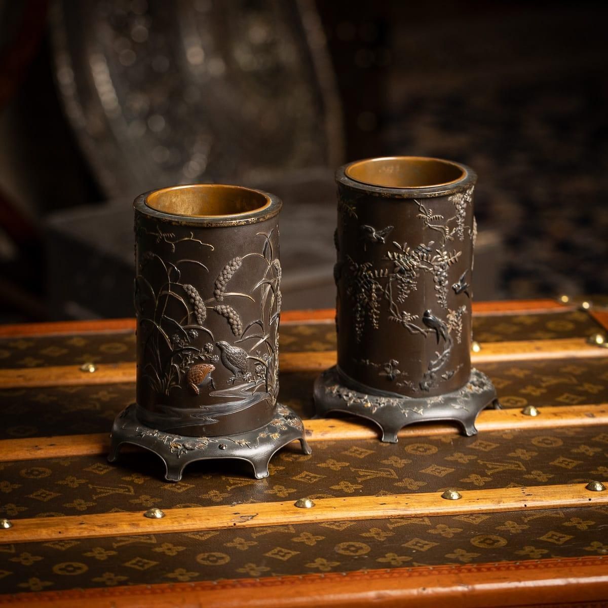 Antique 19thc Japanese Meiji Period Pair Of Inlaid Bronze Cylindrical Brushpots photo furniture