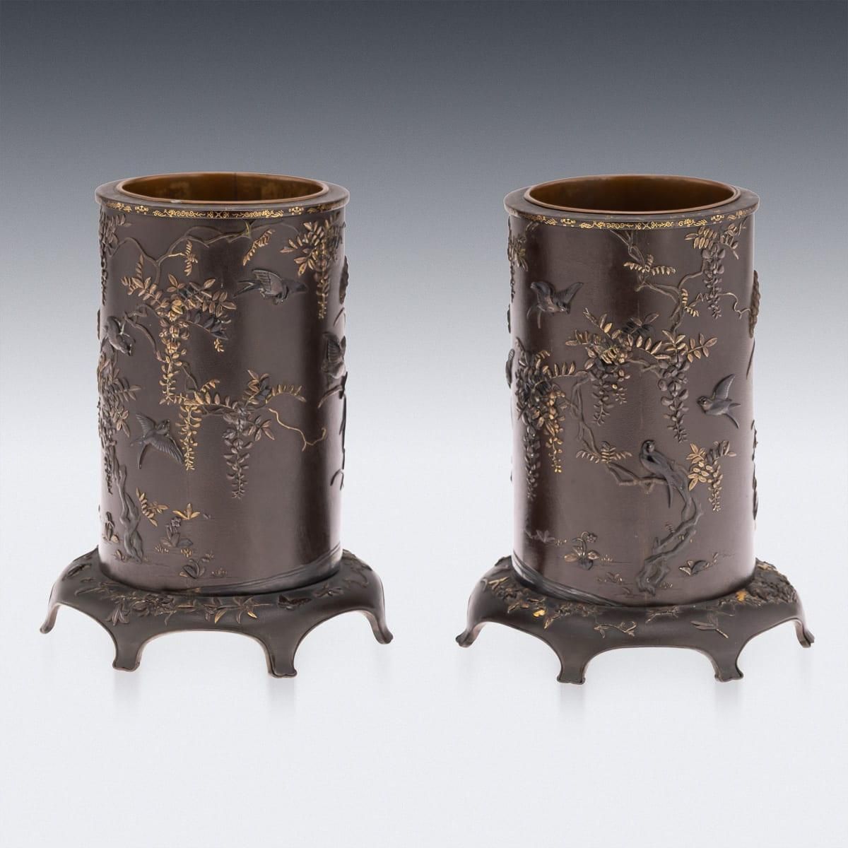 Antique 19thc Japanese Meiji Period Pair Of Inlaid Bronze Cylindrical Brushpots photo 3546.0
