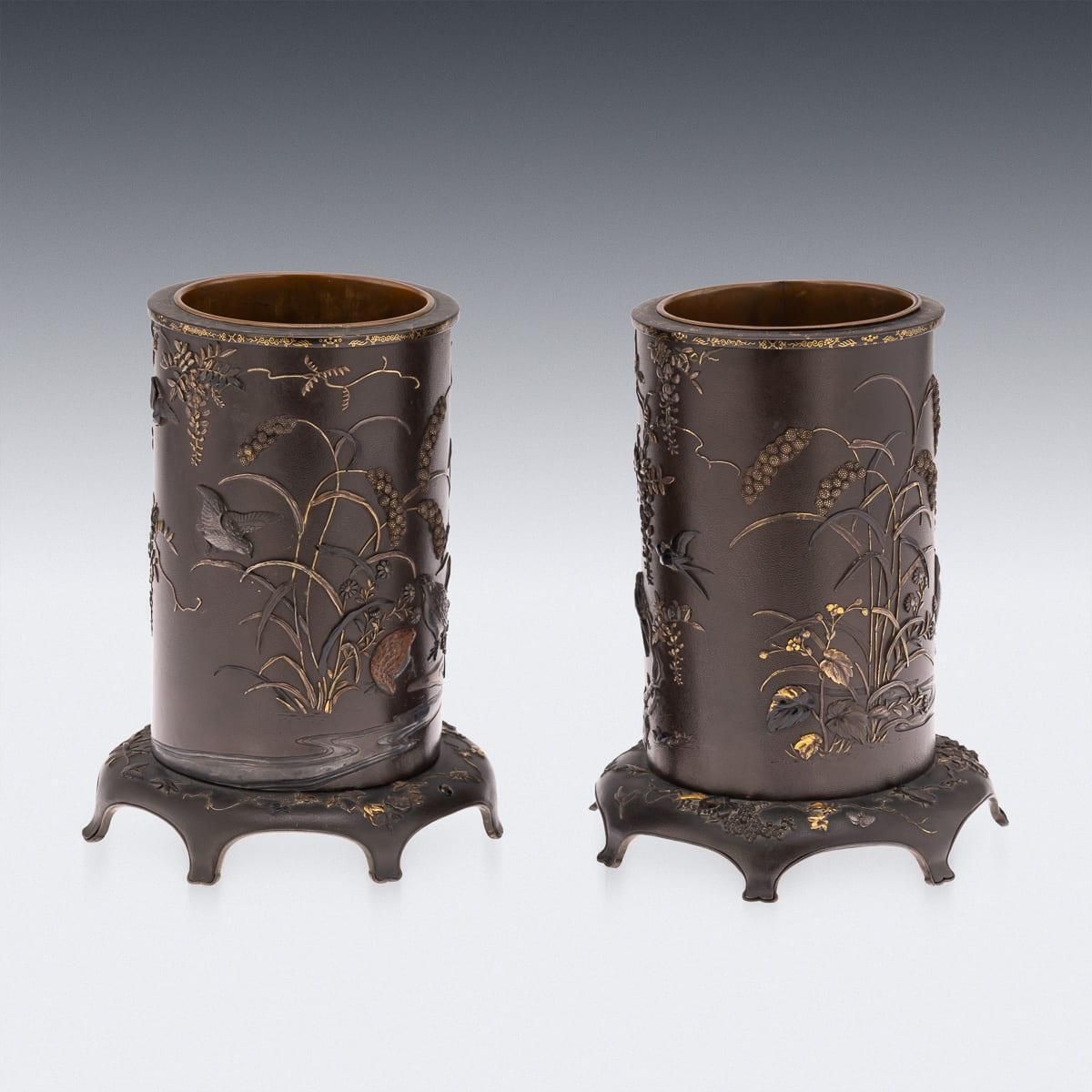 Antique 19thc Japanese Meiji Period Pair Of Inlaid Bronze Cylindrical Brushpots photo vinterior