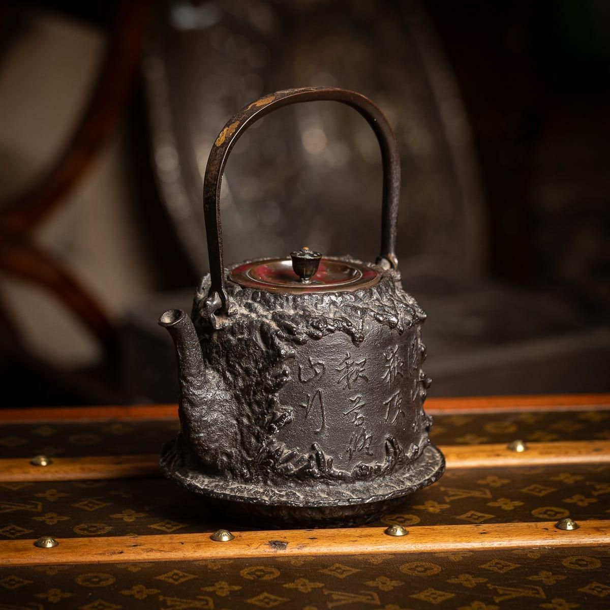 Antique 19thc Japanese Cast Iron 'Seiryudoa' Carved Tetsubin Kettle C.1890 photo furniture