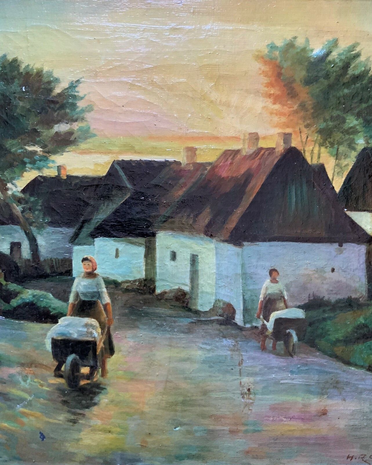 Unusual Original Signed Mid 20thc Oil On Canvas Village Painting photo Art