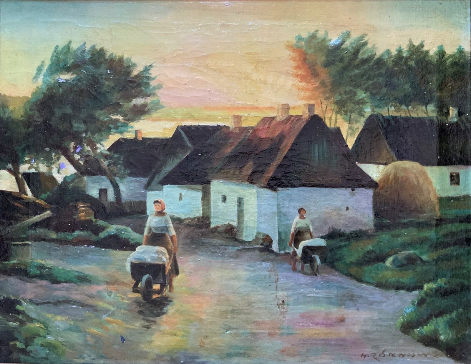 Unusual Original Signed Mid 20thc Oil On Canvas Village Painting photo vinterior
