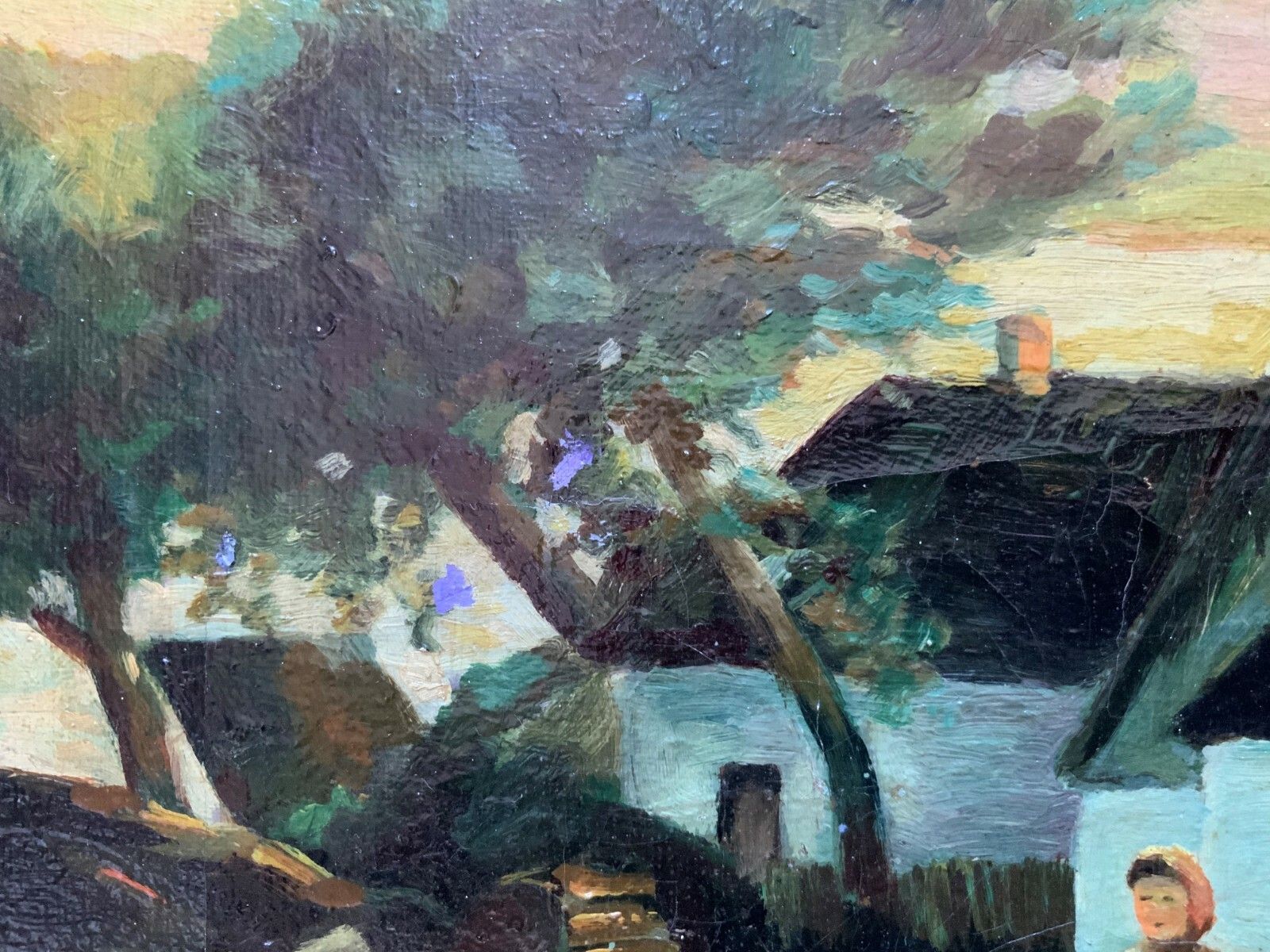 Unusual Original Signed Mid 20thc Oil On Canvas Village Painting photo vintage