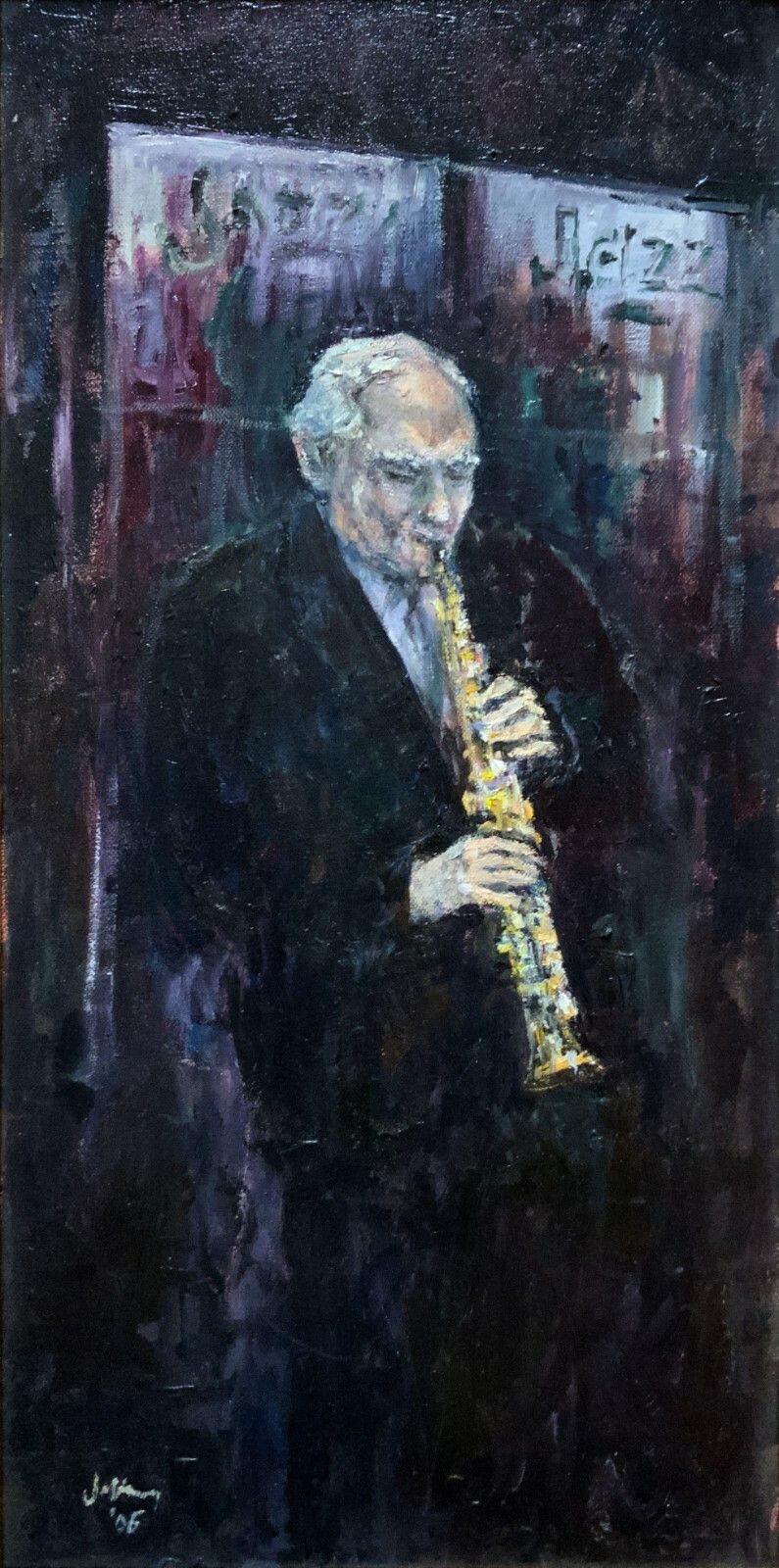 A Jazz Musician Original Contemporary Impressionist Oil Portrait Painting photo furniture