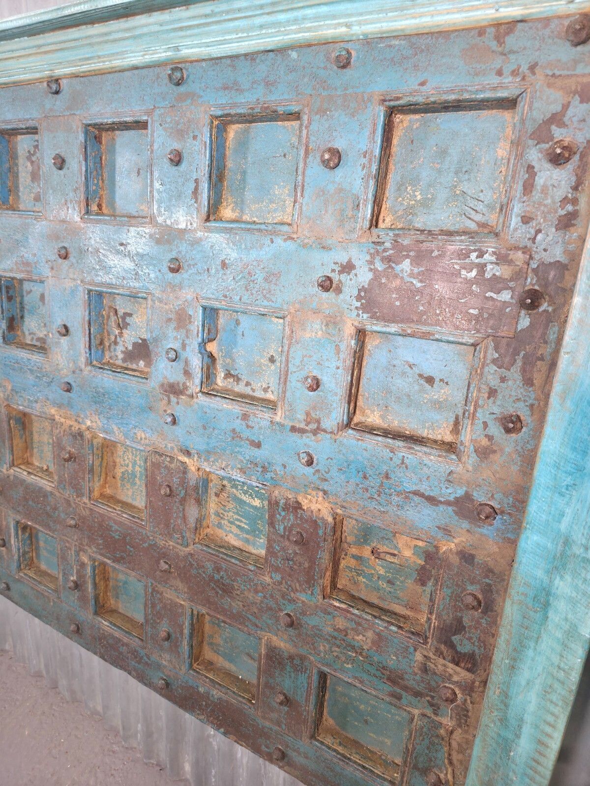 Antique Vintage Rustic Reclaimed Indian Wooden King Size Double Bed Headboard photo for sale