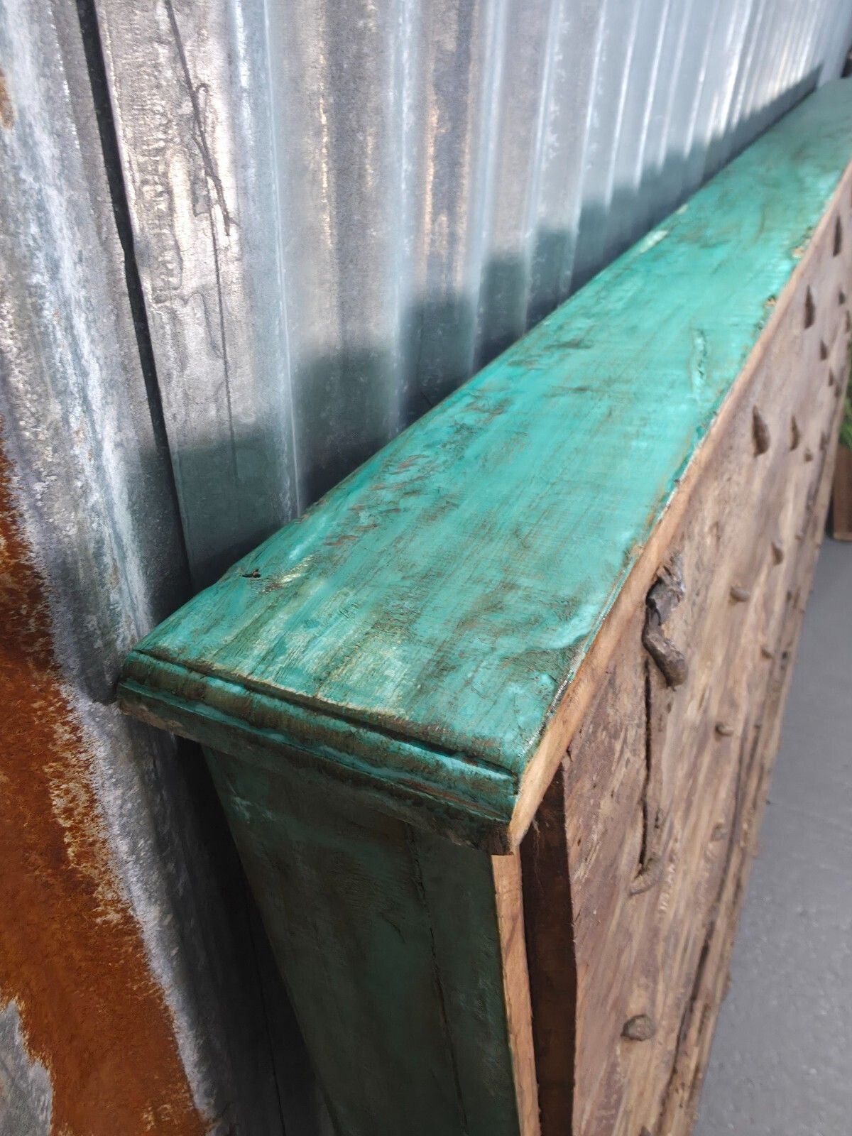 Furniture Antique Vintage Rustic Reclaimed Indian Wooden King Size Double Bed Headboard photo
