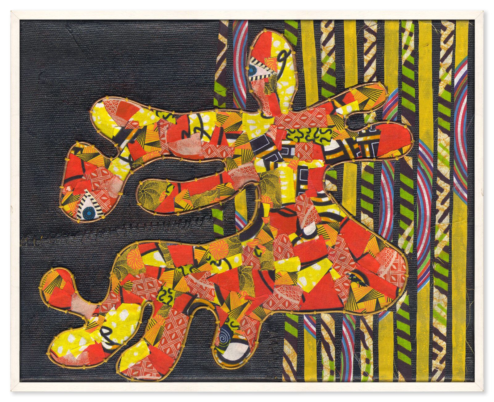 Gorgeous Original Framed Textile Collage By Important Mozambique Outsider Artist