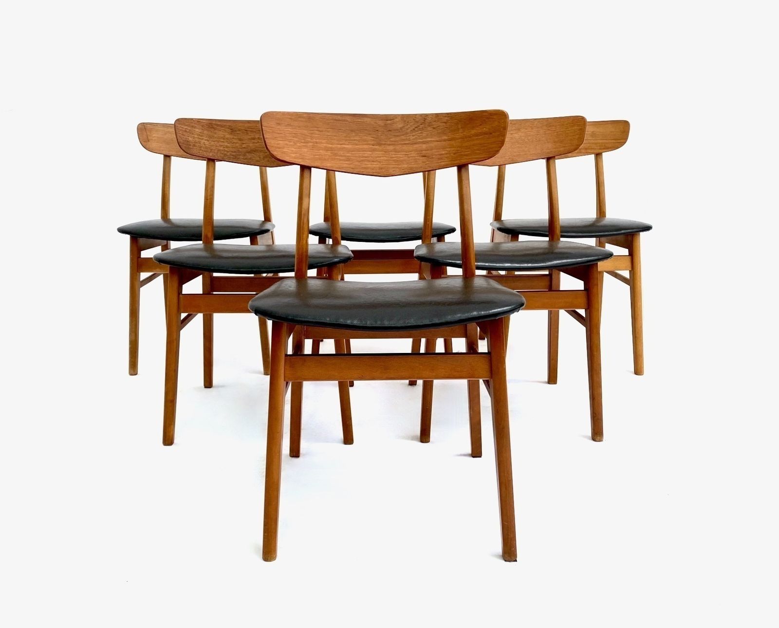 Danish Farstrup Set Of 6 Teak & Beech Black Vinyl Dining Chairs Mid Century 1960s