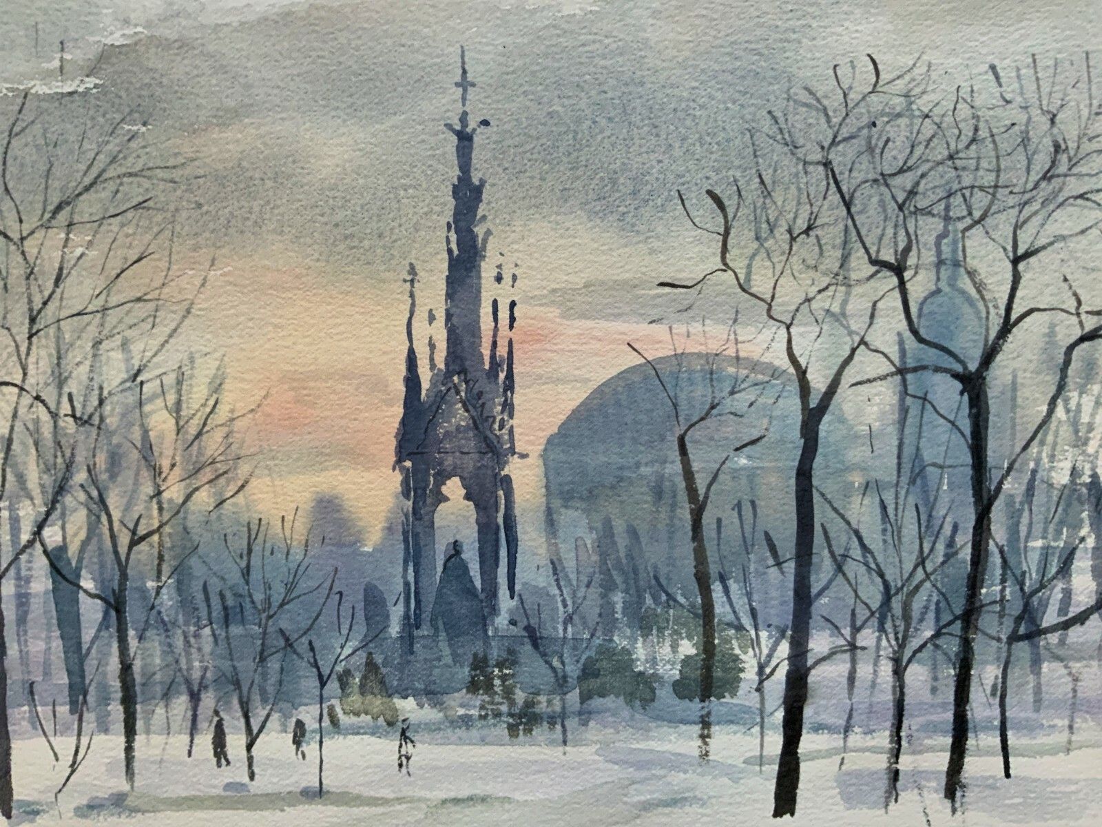The Albert Memorial Kensington Gardens, London In Winter Watercolour Painting photo vintage