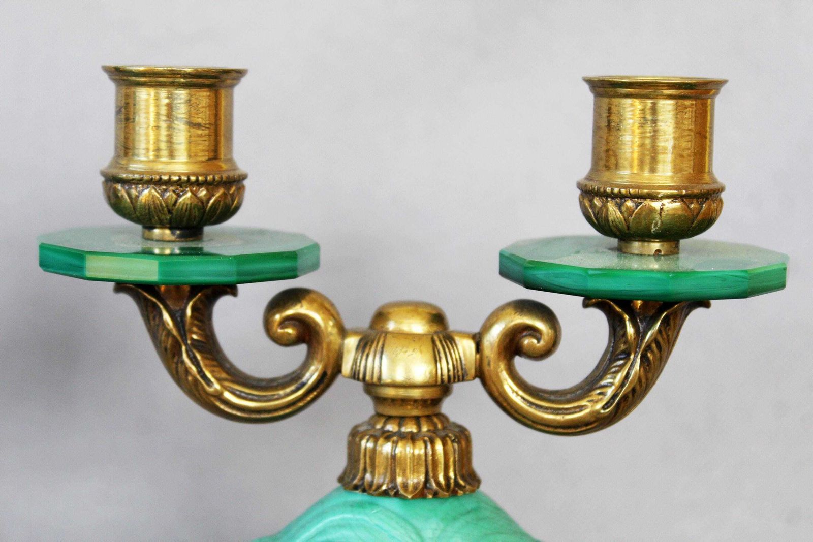 Vintage Pair Of 1930s Czechoslovakian Art Deco Candelabra, Malachite Glass And Brass Fixture, Style Curt Schlevoght, Embossed Flying Bird photo 137.0