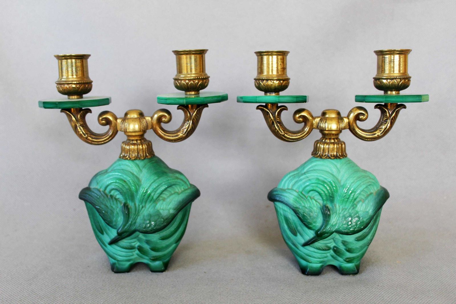 Vintage Pair Of 1930s Czechoslovakian Art Deco Candelabra, Malachite Glass And Brass Fixture, Style Curt Schlevoght, Embossed Flying Bird photo buy
