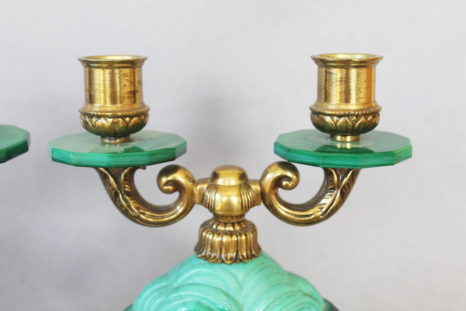 Home Decor Vintage Pair Of 1930s Czechoslovakian Art Deco Candelabra, Malachite Glass And Brass Fixture, Style Curt Schlevoght, Embossed Flying Bird photo